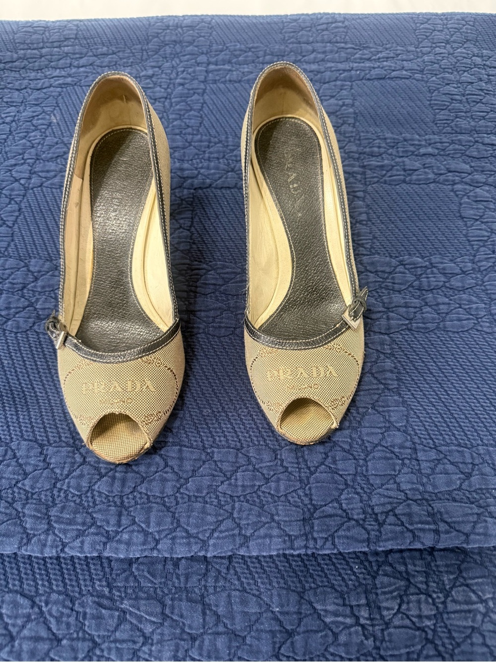 Prada Beige and Black Peep-Toe vintage heels